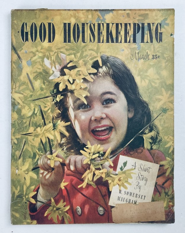 Vintage Good Housekeeping Magazine March 1946 cover featuring a joyful girl surrounded by yellow flowers, reflecting the nostalgic theme of the era.