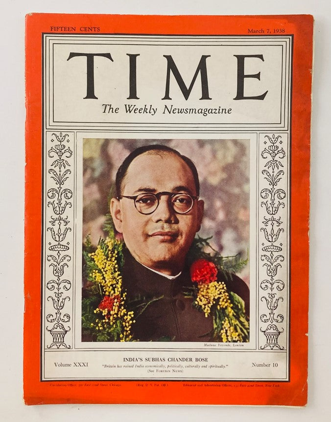 Time Magazine, March 7, 1938, Vol. 31 No. 10: Featuring India's Subhas Chandra Bose on the cover