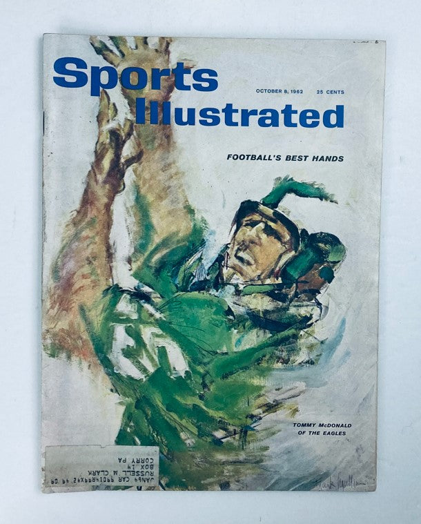 Vintage Sports Illustrated Magazine cover from October 8, 1962, featuring Tommy McDonald, showcasing football action and sports art.