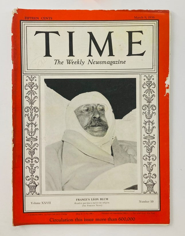Vintage Time Magazine March 9 1936 Vol 27 No. 10 France's Léon Blum