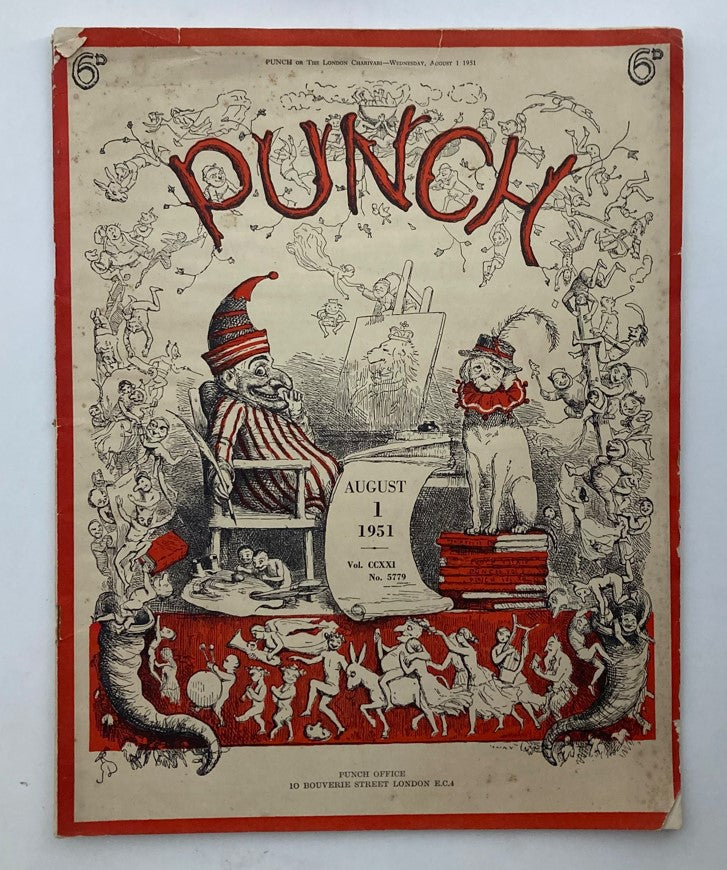 VTG Punch Magazine Cover from August 1, 1951, Volume 221, Number 5779, featuring WWII cartoons and humor with a whimsical design and playful illustrations.