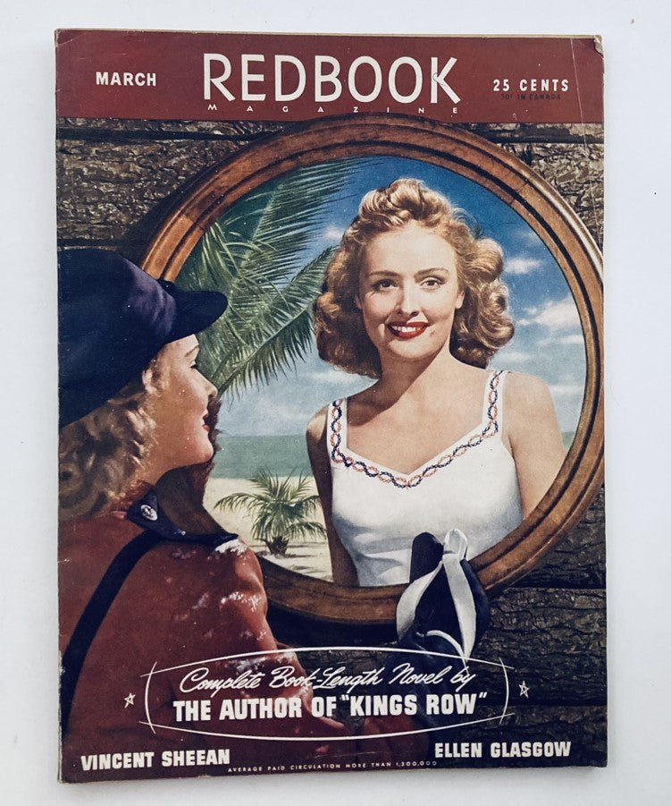 Cover of VTG Redbook Magazine March 1942 Vol 78 No. 5 featuring a woman in a white dress and tropical background, highlighting The Author of 'Kings Row' by Vincent Sheean and Ellen Glasgow.