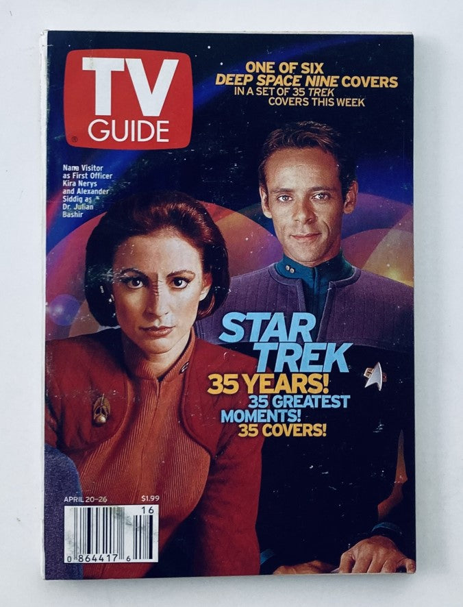 TV Guide Magazine April 20 2002 featuring Alexander Siddig on the cover, celebrating Star Trek's 35th anniversary with highlights of iconic moments.