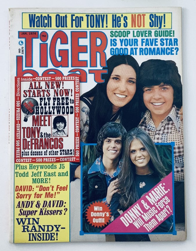 Cover of Tiger Beat Magazine January 1974 featuring Donny & Marie Osmond and Tony DeFranco with colorful headlines and promotional text about contests.