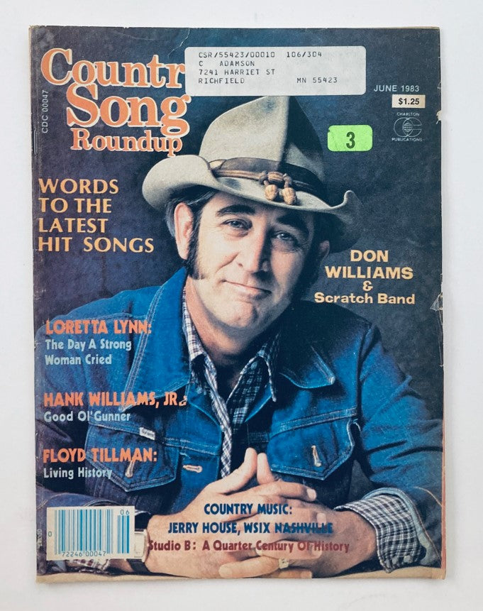 Cover of the Country Song Roundup Magazine from June 1983 featuring Don Williams and the Scratch Band, highlighting articles on Loretta Lynn, Hank Williams Jr., and Floyd Tillman. A collectible item for country music enthusiasts.