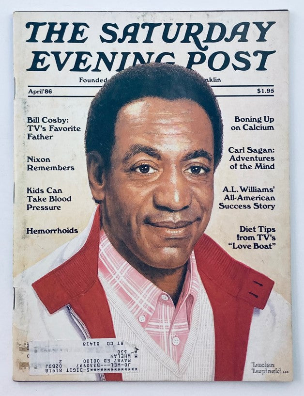 Cover of the Saturday Evening Post Magazine April 1986 featuring Bill Cosby by Lucian Lupinski. The cover displays Bill Cosby's portrait with headlines about TV and pop culture.