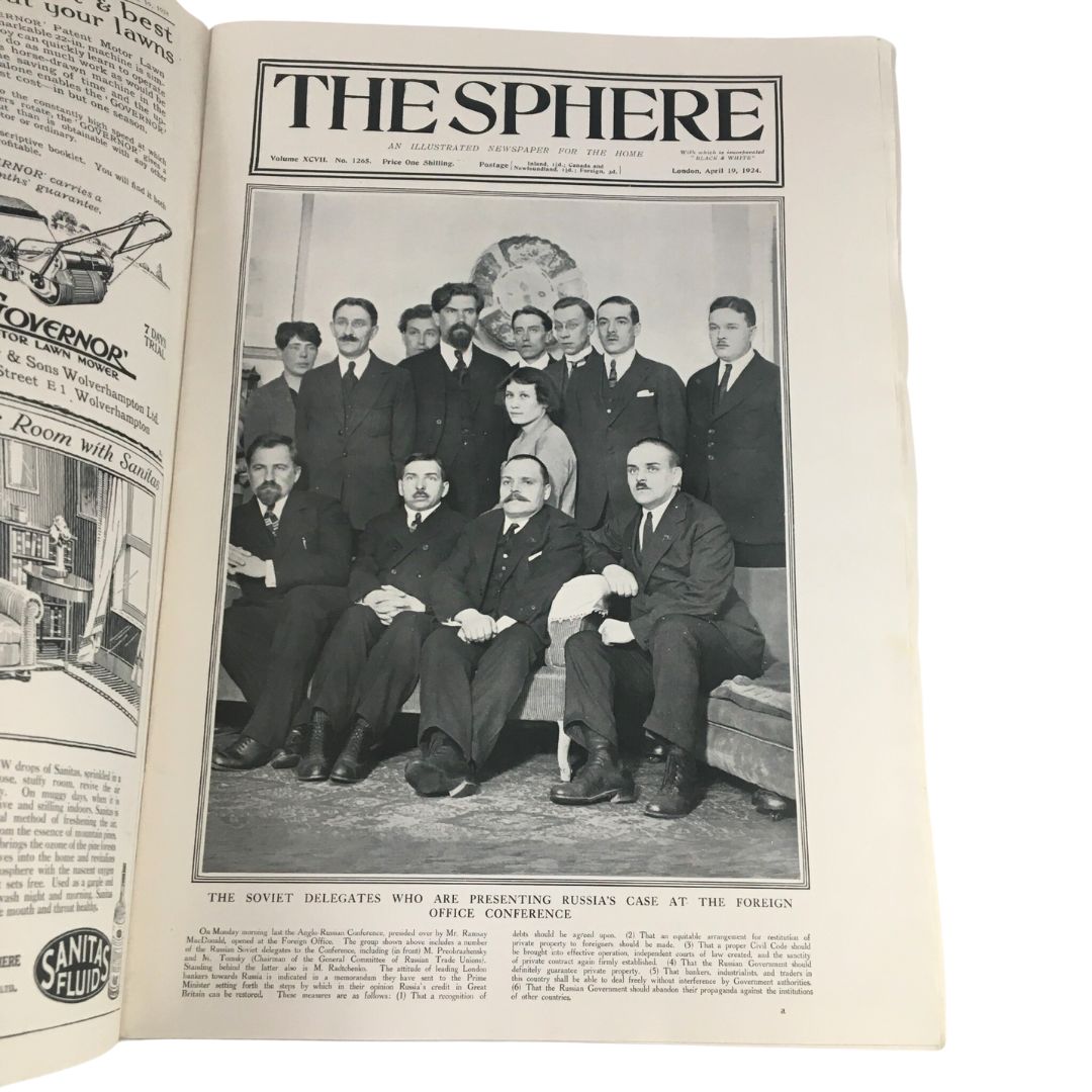 The Sphere Newspaper April 19, 1924; photo of Soviet Delegates at Foreign Office Conference, group portrait of men in suits, highlighting historical political figures.