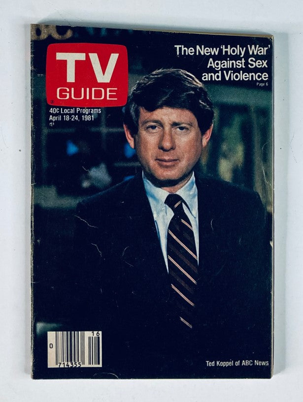 Cover of TV Guide Magazine April 18, 1981 featuring Ted Koppel of ABC News, discussing issues related to sex and violence on television. The magazine showcases a vintage design and offers insight into early 1980s media.