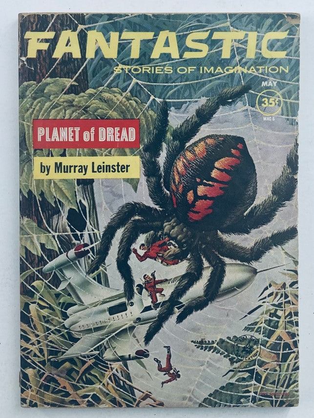 Cover of Fantastic Stories of Imagination Magazine May 1962 featuring the story Planet of Dread by Murray Leinster, showcasing vintage science fiction art with a spider and spaceship.