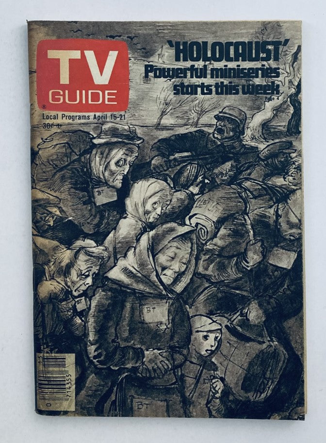 Cover of TV Guide Magazine April 15 1978 featuring the title 'Holocaust' with an illustration depicting a powerful scene from the miniseries. Local Programs April 15-21.