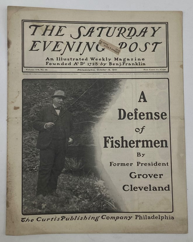 Cover of the VTG Saturday Evening Post Magazine from October 19, 1901 featuring Grover Cleveland titled 'A Defense of Fishermen'.