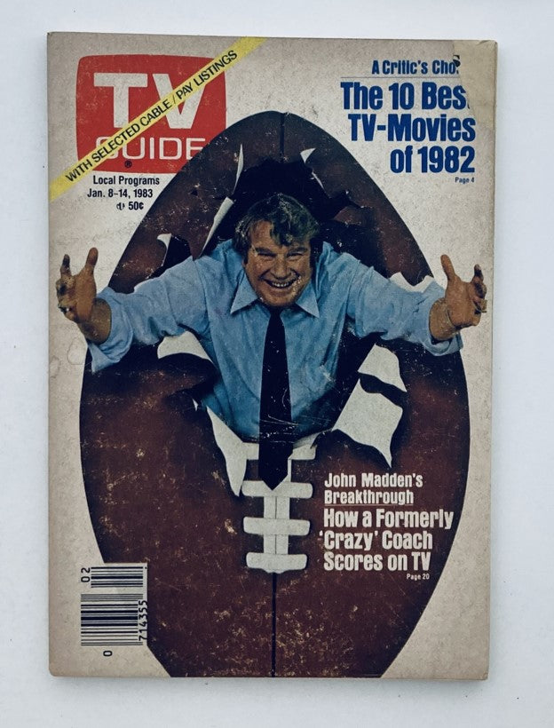 TV Guide Magazine from January 8, 1983 featuring John Madden on the cover; includes reference to the best TV movies of 1982.