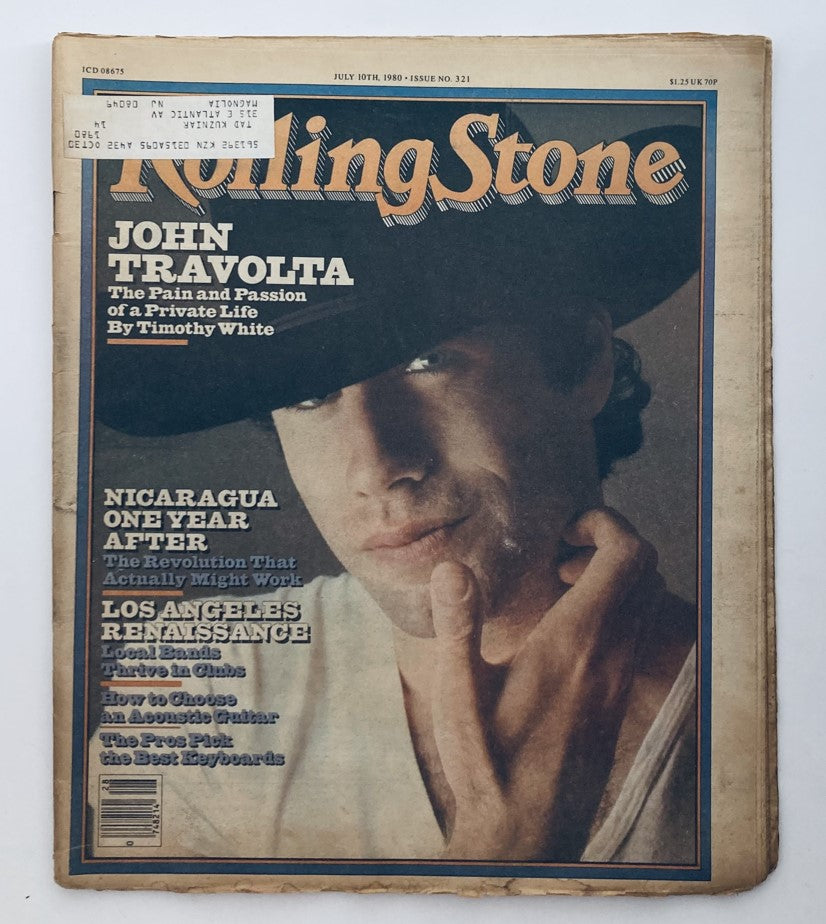 Cover of VTG Rolling Stone Magazine dated July 10, 1980, issue No. 321, featuring John Travolta with the headline 'The Pain and Passion of a Private Life'. The cover highlights the cultural significance of the 1980s.