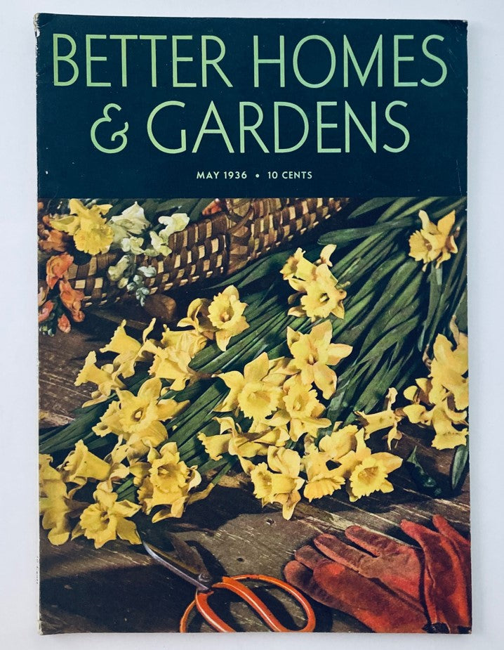 Cover image of Better Homes & Gardens Magazine May 1936 featuring vibrant yellow daffodils and gardening tools.
