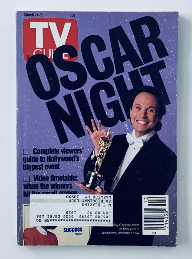 TV Guide Magazine cover from March 24, 1990, featuring Billy Crystal on Oscar Night, showcasing a vibrant design with large text highlighting the event and a charming photo of Crystal holding an Oscar statuette.