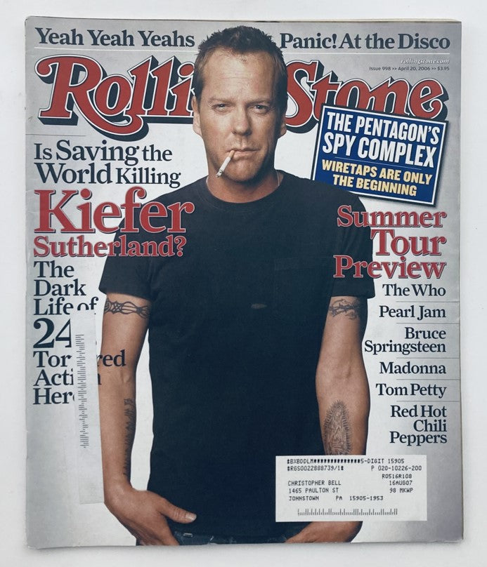 Rolling Stone Magazine April 20, 2006 cover featuring Kiefer Sutherland, showcasing his role in '24' with a cigarette, emphasizing his dramatic style.