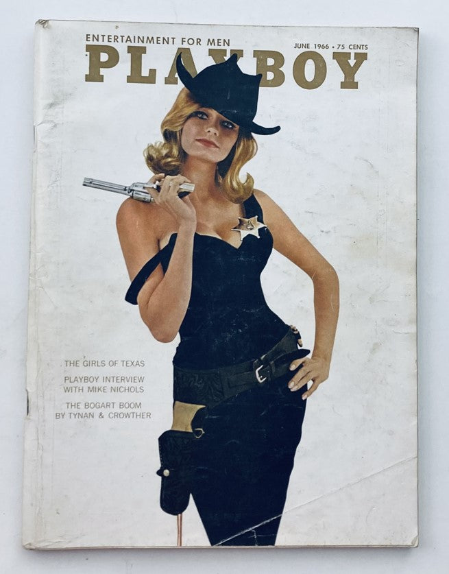 VTG Playboy Magazine June 1966 featuring Playmate Kelly Burke on the cover, showcasing vintage glamour with a model in western attire, including a cowboy hat and a gun, reflecting 1960s pop culture style.