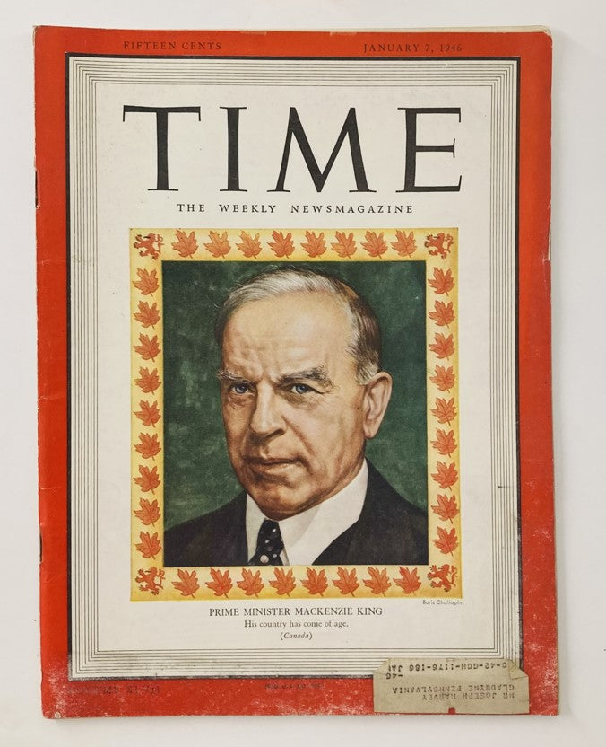 Cover of VTG Time Magazine January 7 1946 Vol 47 No. 1 featuring Prime Minister William Lyon Mackenzie King with a framed design and maple leaf motifs.