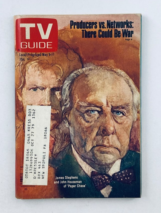 Cover of TV Guide Magazine May 5, 1979 featuring James Stephens and John Houseman, showcasing the headline 'Producers vs. Networks: There Could Be War'.