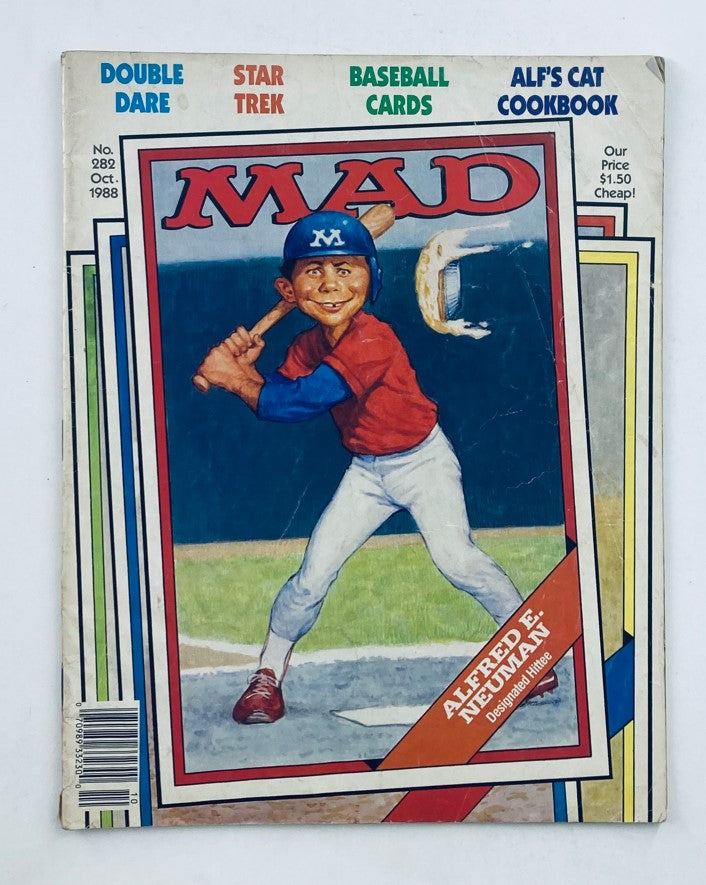 Cover of Mad Magazine October 1988 No. 282 featuring Alf's Cat Cookbook, showcasing a young boy in a baseball uniform holding a bat, capturing the humor of late 80s pop culture.
