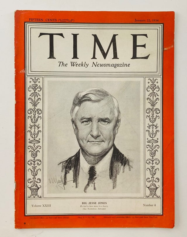 Cover of VTG Time Magazine January 22 1934 featuring Big Jesse Holman Jones, showcasing a historical portrait and the magazine's distinctive design.