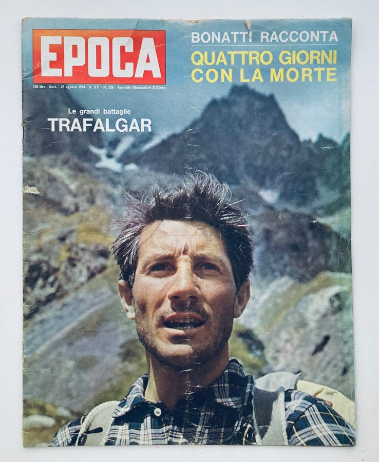 VTG Epoca Magazine August 23 1964 featuring Walter Bonatti on the cover, showcasing a thrilling adventure with an illustration of the legendary climber amidst mountainous terrain.