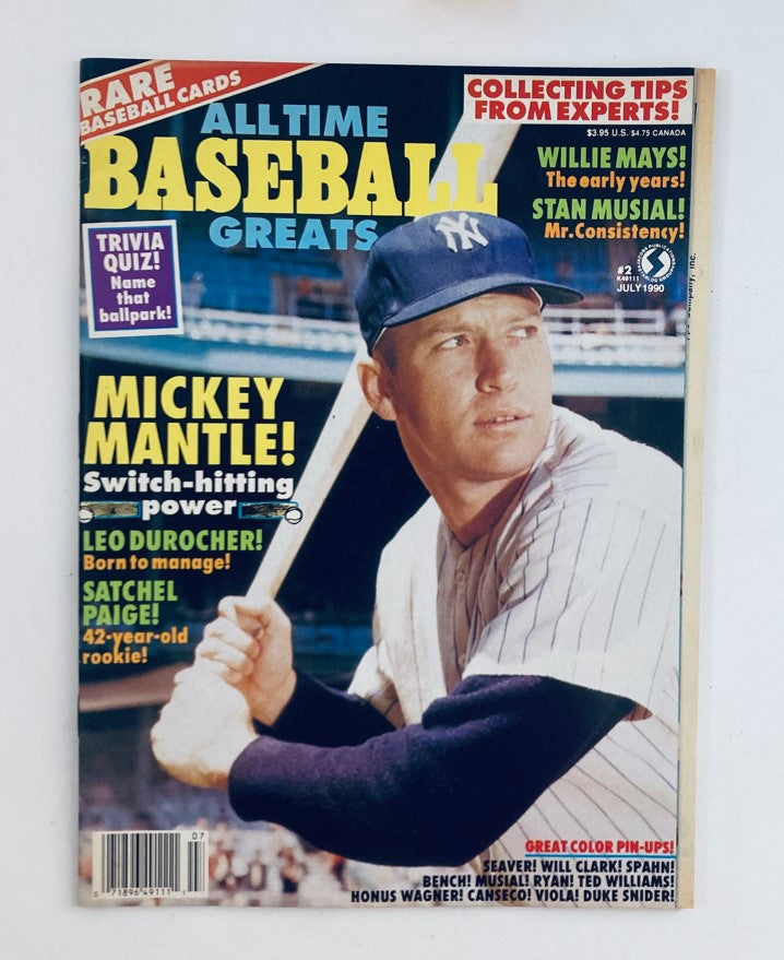 VTG All Time Baseball Greats Magazine July 1990 #2 featuring Mickey Mantle on the cover, showcasing his switch-hitting power, along with highlights of other baseball legends and trivia.