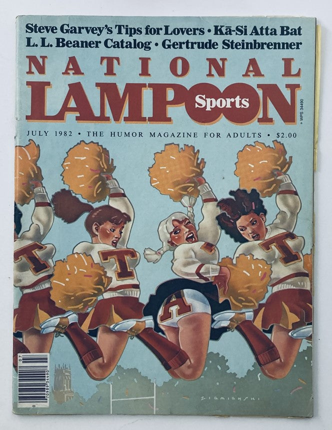 Cover of Vintage National Lampoon Sports Magazine from July 1982 featuring Gertrude Steinbrenner with cheerful cheerleaders and a playful design.