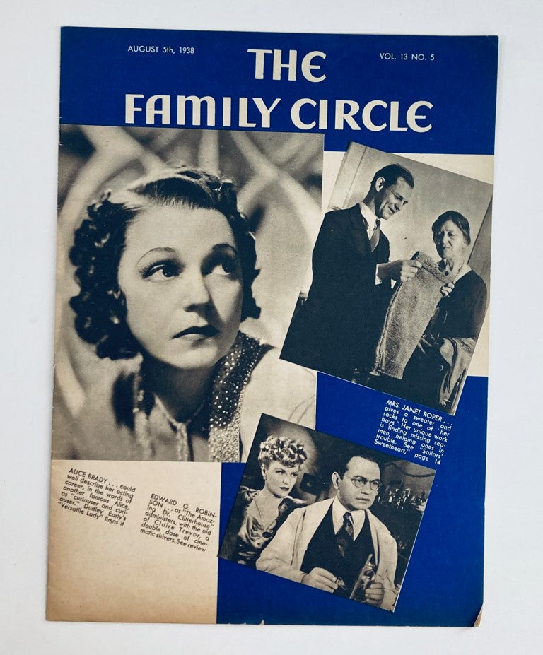 Cover of VTG The Family Circle Magazine August 5, 1938 featuring actors Alice Brady and Janet Roper, showcasing vintage design and cultural significance from the late 1930s.