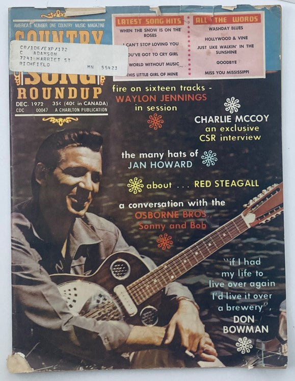 VTG Country Song Roundup Magazine December 1972 featuring Waylon Jennings in session. The cover showcases Waylon Jennings with a guitar, highlighting articles like 'Charlie McCoy interview' and 'The many hats of Jan Howard.'