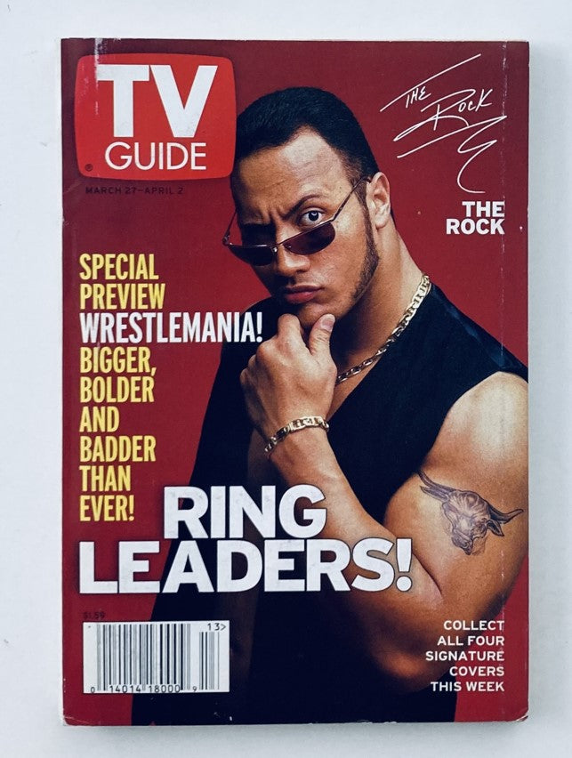 TV Guide Magazine March 27 1999 featuring Dwayne Johnson on the cover in a stylish pose with sunglasses, highlighting the special preview of WrestleMania.