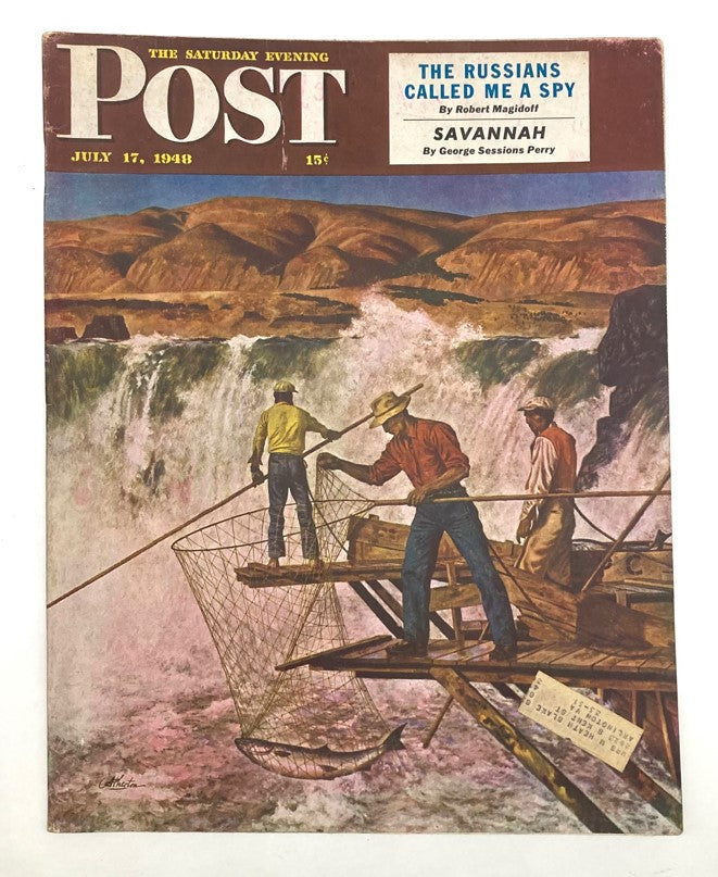 Saturday Evening Post Magazine July 17 1948 illustrated cover by John Atherton depicting fishermen by a waterfall.