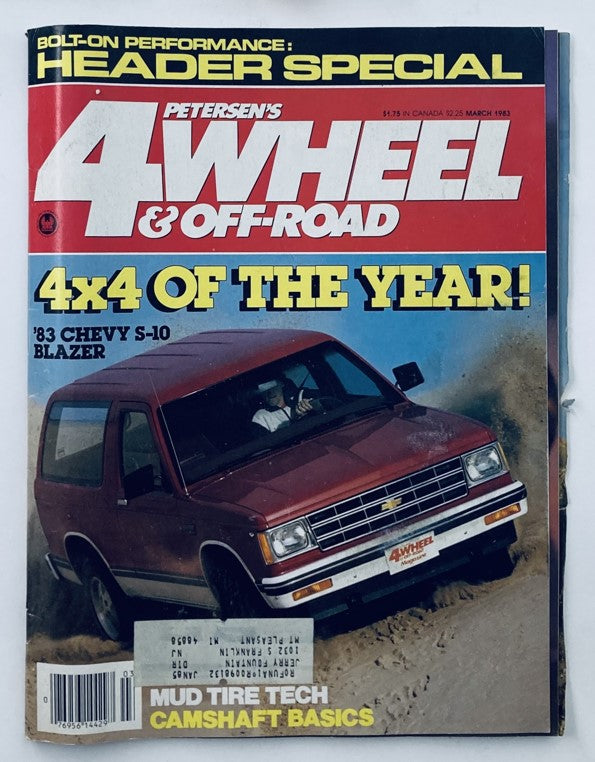 Cover of Petersen's 4 Wheel & Off-Road Magazine March 1983 featuring a red Chevy S-10 Blazer in action, showcasing the text '4x4 OF THE YEAR' and celebrating off-road adventures.