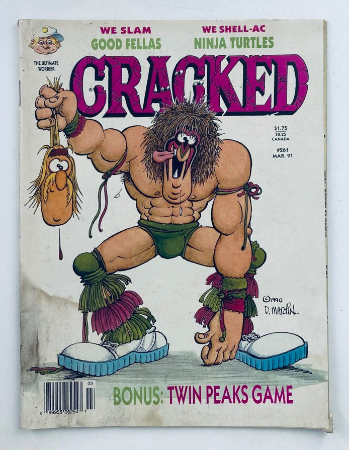 Cover of Cracked Magazine March 1991, Issue No. 261 featuring a humorous illustration with a muscular character holding a comedic prop, themed around 'Good Fellas' and 'Ninja Turtles'. Vintage collectible magazine showcasing iconic pop culture humor.