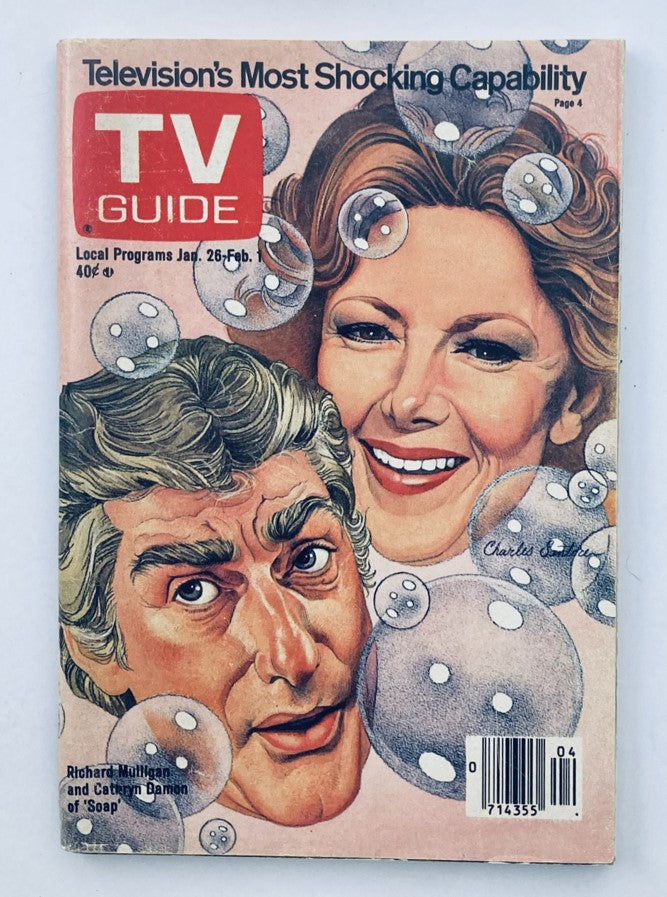 Cover of TV Guide Magazine January 26 1980 featuring Richard Mulligan and Catherine Damon, showcasing the retro design with bubbles and the title 'Television's Most Shocking Capability.'