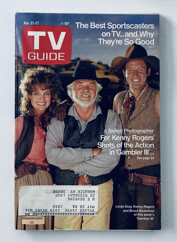 TV Guide Magazine cover from November 21, 1987 featuring Bruce Boxleitner, Linda Gray, and Kenny Rogers, showcasing highlights of television culture in the late 1980s.