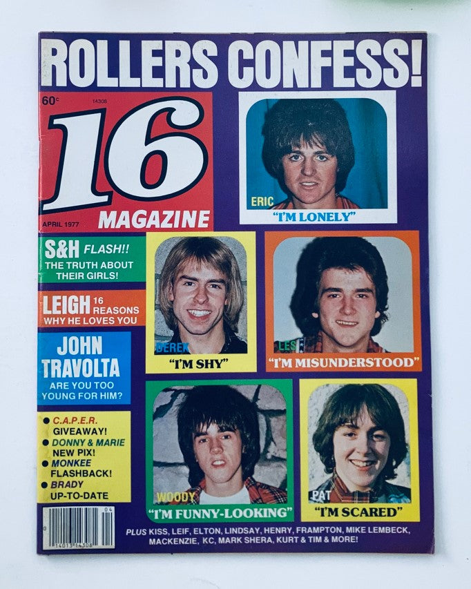 Cover of VTG 16 Magazine April 1977 featuring the Bay City Rollers, with photos of group members and quotes. Includes John Travolta, Kiss, and Elton John.