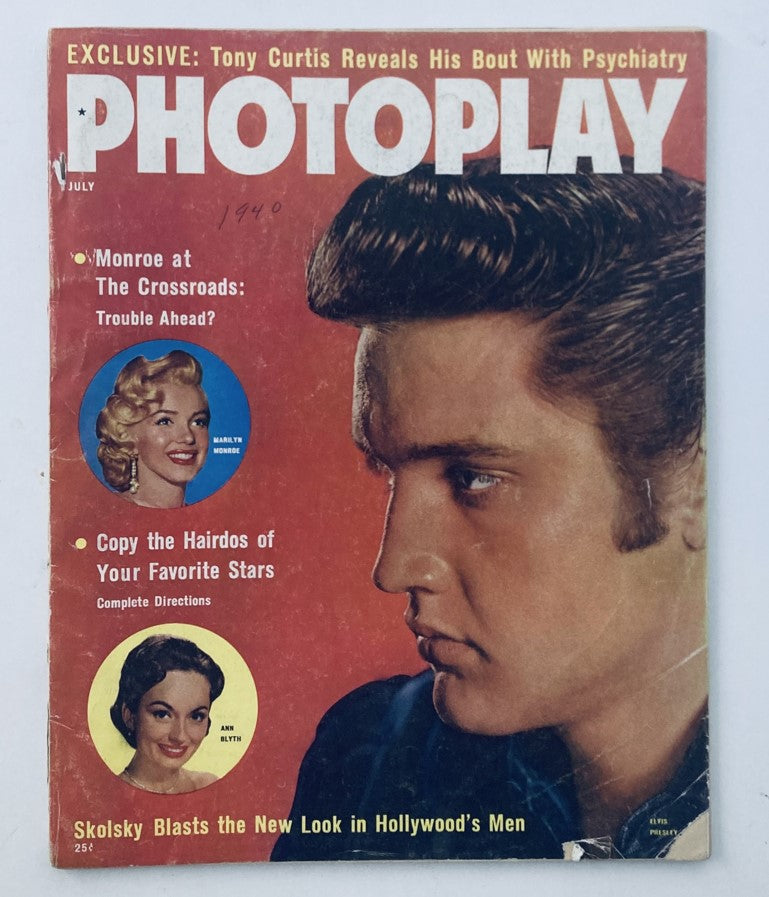 VTG Photoplay July 1957 Cover featuring Elvis Presley and Marilyn Monroe, showcasing classic Hollywood style and culture.