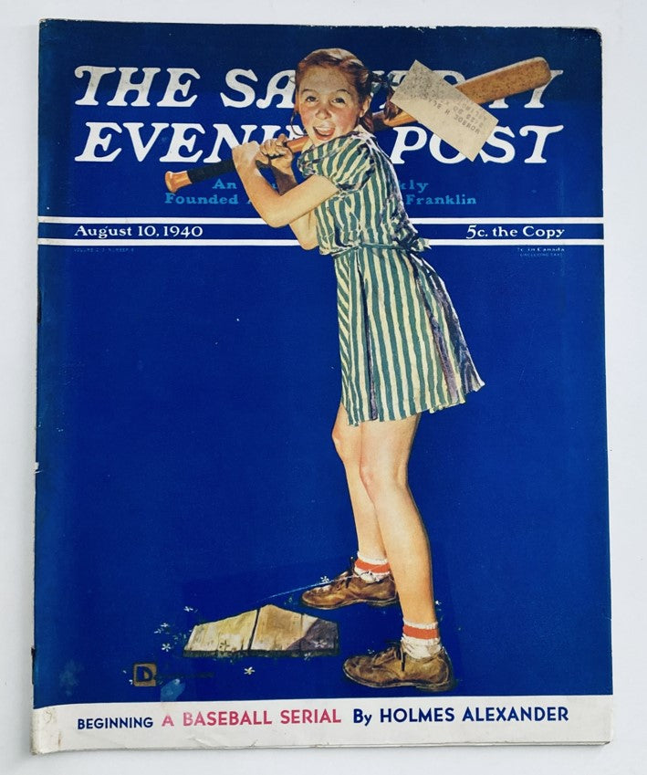 Cover of The Saturday Evening Post Magazine August 10, 1940 featuring a young girl with a baseball bat, beginning a baseball serial.