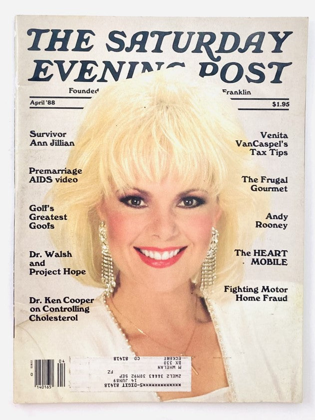 Cover of Saturday Evening Post Magazine April 1988 featuring Survivor Ann Jillian, highlighting her vibrant smile and iconic hairstyle, capturing the essence of late 80s pop culture.