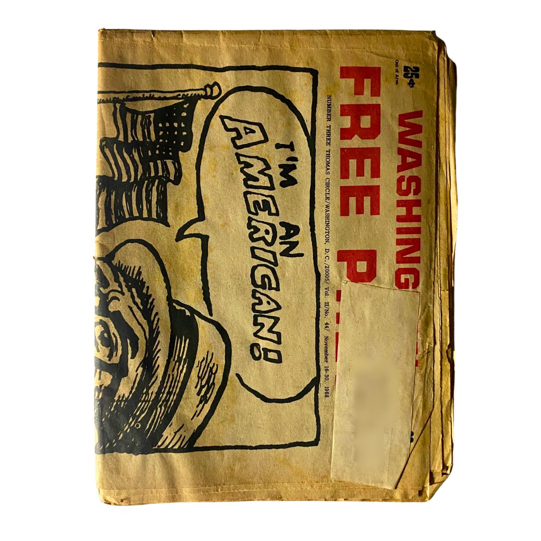 Alternative view of the VTG Washington Free Press Newspaper from November 16-30, 1968 showcasing the cover design with the phrase 'I'M AN AMERICAN!'. Vintage publication, Volume 2, No. 44, reflecting the cultural themes of its time.