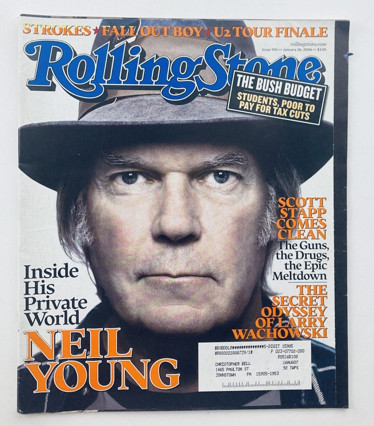 Cover of Rolling Stone Magazine January 26 2006 (Issue 992), featuring Neil Young with a striking expression, highlighting the theme 'Inside His Private World'.
