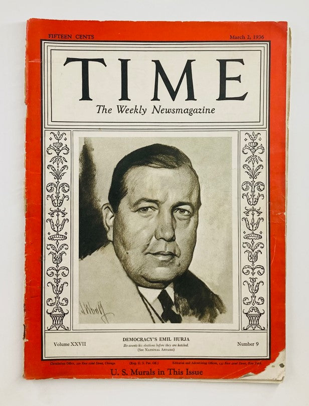 Cover of VTG Time Magazine March 2, 1936 featuring the title 'Democracy's Emil Hurja', Volume 27, No. 9, showcasing a portrait of Emil Hurja.