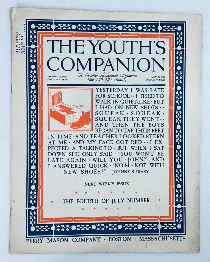 Cover of VTG The Youth's Companion Magazine from May 28, 1925, Volume 99, Issue #22 titled 'No'M Not With Shoes,' featuring a vintage illustration of shoes and engaging typography.