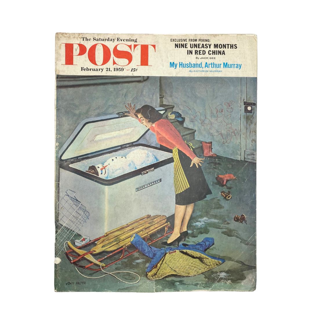 Cover of Saturday Evening Post Magazine February 21 1959 featuring the cover story 'Her Senses Falter' with an illustrated scene of a woman in a kitchen looking into a freezer with a snowman inside.