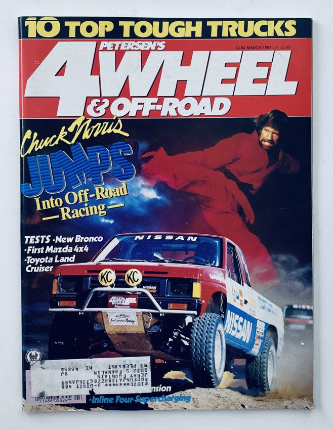 Cover of VTG Petersen's 4 Wheel & Off-Road Magazine from March 1987 featuring Chuck Norris jumping into off-road racing, showcasing a Nissan vehicle with bold text highlighting top tough trucks.