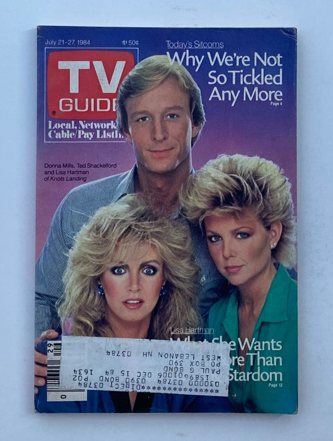TV Guide Magazine July 21, 1984 featuring Donna Mills, Ted Shackelford, and Lisa Hartman on the cover, highlighting classic sitcoms of the 1980s.