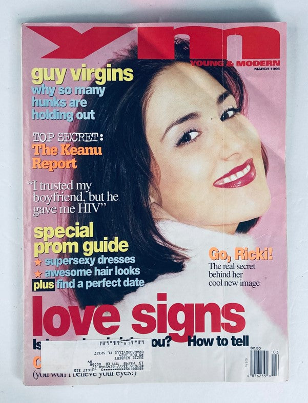 Cover of VTG Young & Modern Magazine March 1995 featuring Ricki Lake with the title 'Go, Ricki!' and prominent headlines including 'guy virgins', 'The Keanu Report', and 'love signs'. This vintage magazine captures the essence of mid-90s pop culture.