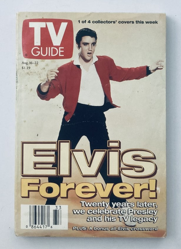 TV Guide Magazine cover from August 16, 1997, featuring Elvis Presley, with the title 'Elvis Forever!' celebrating two decades of his legacy. The magazine includes details of the issue along with promotional text.