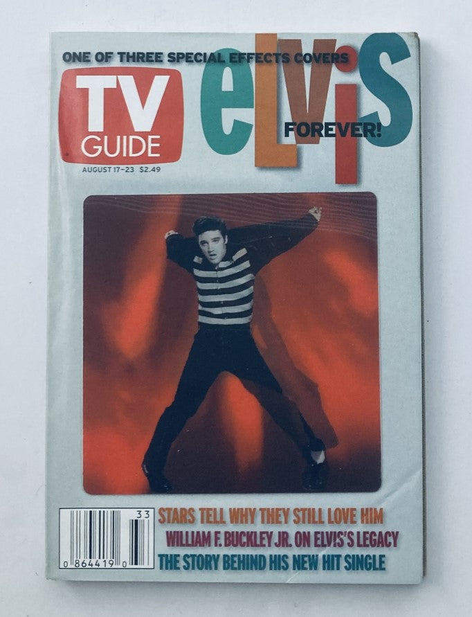 TV Guide magazine cover from August 17-23, 2002 featuring Elvis Presley, highlighting special effects covers and articles about his legacy.